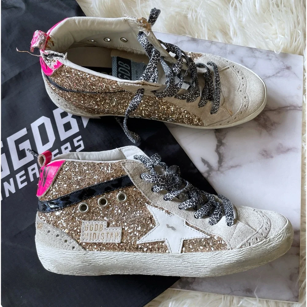 Authentic Golden Goose Mid Star Glitter Upper Maculated Print High top Sneakers - Picture 3 of 16